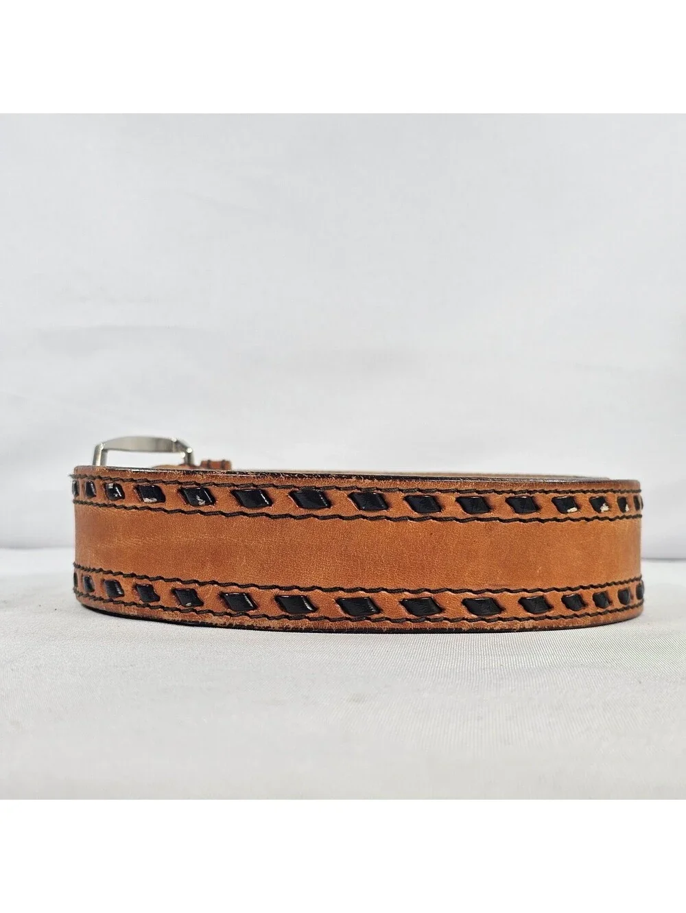 Vintage Tan Leather Whipstitch Belt Mens Brown Woven Boho Western 41.5 Inch